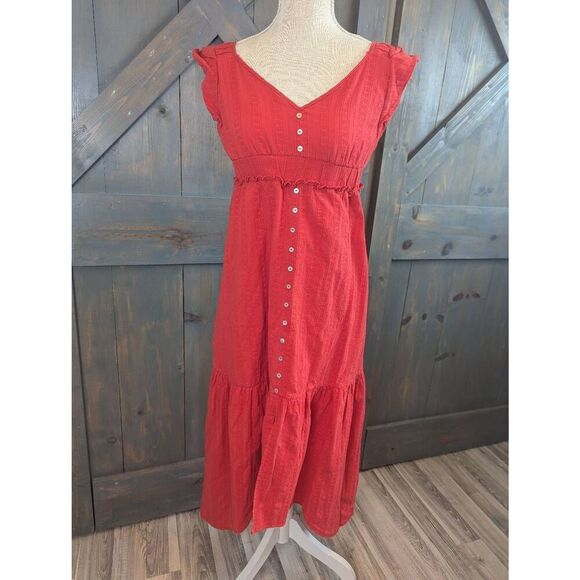 Betsey Johnson Sundress Women's Medium Red Cotton Hi-Low Ruffle Sleeve Midi - Picture 1 of 14